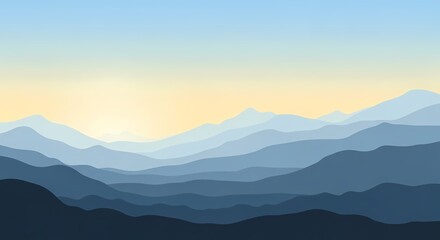 Fototapeta premium Serene layered mountain landscape with soft gradient sky at sunrise or sunset.