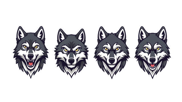 Fierce Wolf Head Mascot Vector Set. Stylized illustrations of wild animal faces with various expressions, perfect for logos and emblems.