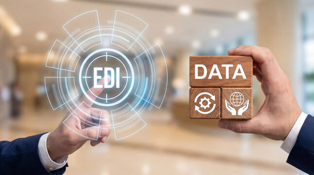 EDI Electronic Data Interchange Concept. Digital information exchange software system. New EDI Technology