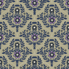 Elegant Navy Floral Scallop Damask Pattern