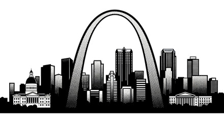 Fototapeta premium St. Louis Skyline with Gateway Arch and Buildings - Black and White Illustration
