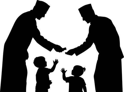 Generous silhouette of adults distributing eidi gifts to excited children capturing the spirit of charity and family bonding