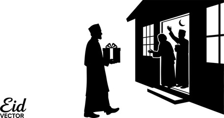 Fototapeta premium Heartwarming silhouette of a generous man delivering a festive gift to a welcoming family at their doorstep during a moonlit eid celebration