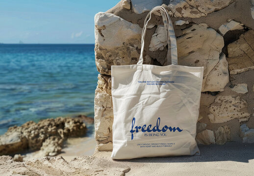 Canvas Tote Bag Mockup On Beach PSD