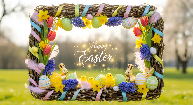 Vibrant easter frame with colorful eggs and flowers on a sunny day outdoors