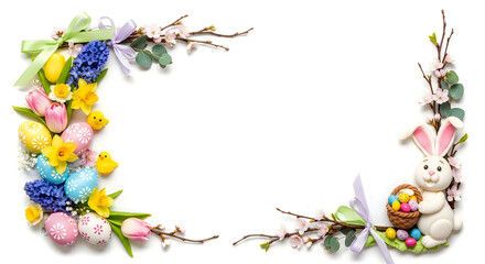 Fototapeta premium Easter wreath with colorful eggs and bunny decorations on a white background.