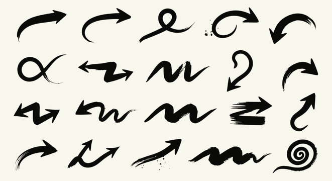 Collection of Hand Drawn Black Arrows and Symbols on White Background.