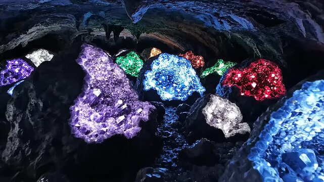 Illuminated Cave Interior Filled with Clusters of Vibrant Natural Crystals and Geodes