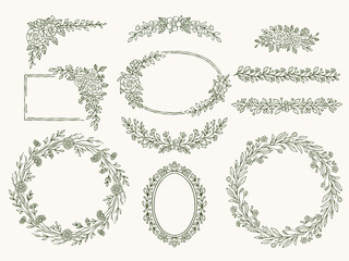 Obraz premium Floral whimsical hand-drawn doodle vector set with wreaths, frames and borders. Delicate botanical elements, wreaths and dividers in outline style. Decorative isolated design collection