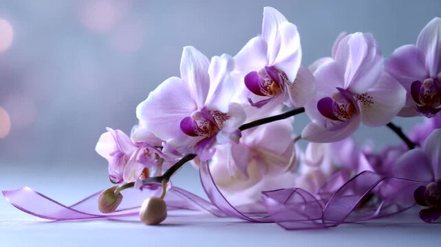 Delicate purple orchids with flowing ribbon and soft bokeh background.