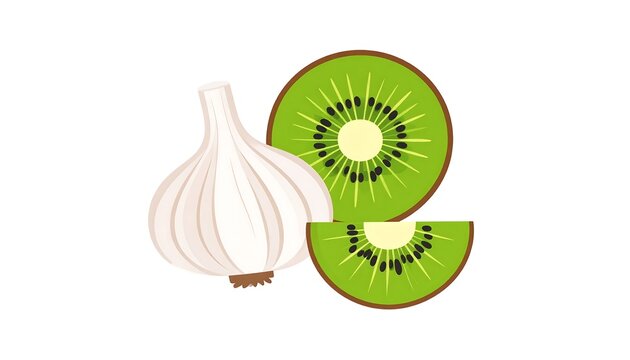 A garlic bulb rests beside a kiwi fruit, a slice adjacent. The vector illustration sits on a clean white background