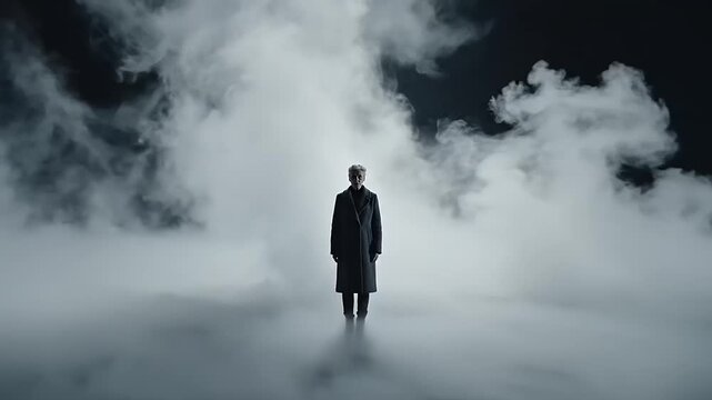 Solitary Figure Standing in Dense Fog and Dramatic Lighting
