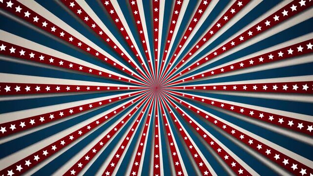 Sunburst retro with patriotic US flag, wild west or circus retro vintage theme. 4K loopable rotating animation in beige, blue and red stripes with stars