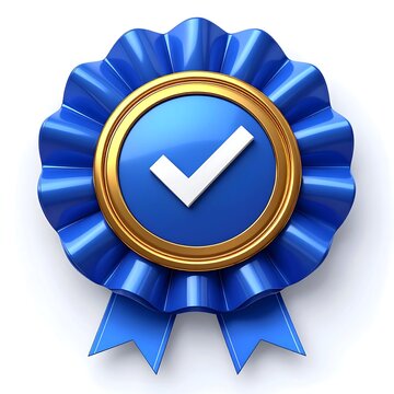 Illustration of blue rosette ribbon with gold border and white checkmark isolated on white background