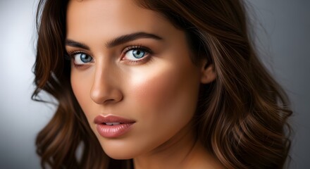 Fototapeta premium A stunning portrait of a woman with striking blue eyes and wavy brown hair in soft lighting