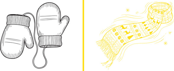Hand-drawn vector sketches: a pair of cozy, string-connected mittens and a long, patterned knit scarf with fringed edges. Charming yellow and grey line art capturing essential winter warmth. © Muhammad