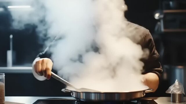 Chef Cooking with Steam in Kitchen.
