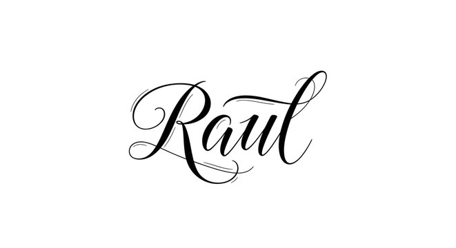 Elegant hand-drawn black ink script of the name Raul with decorative swirls on a plain white background