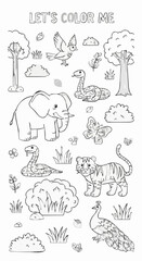 Obraz premium Single-colour colouring picture for World Forest Day celebrating fauna diversity 