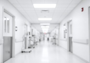 Obraz premium Blurred hospital corridor with medical equipment and doors