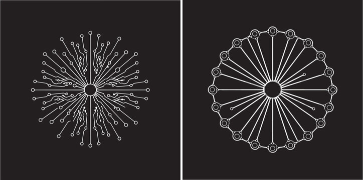 Two minimalist white vector designs on black: a complex, radial circuit board mandala and a geometric, spoke-and-wheel circular icon. Sleek, technical, and symmetrical digital art.