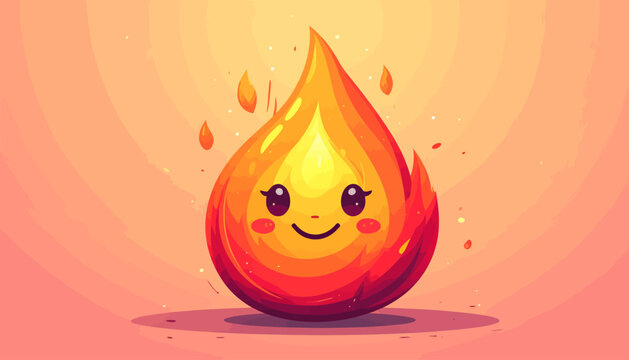 A cute, smiling cartoon fire flame character with warm colors and small sparks on a gradient background.