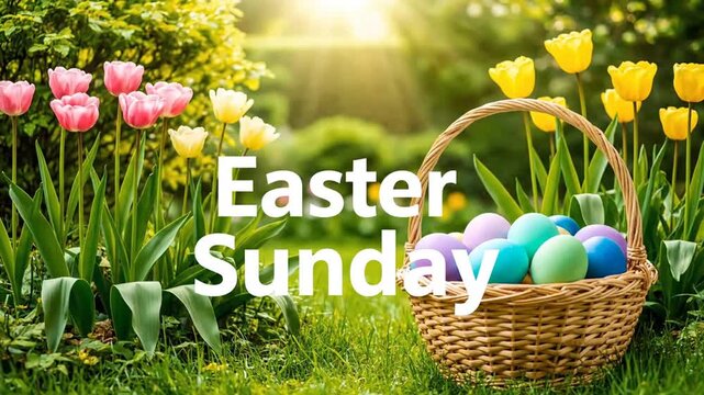 A vibrant spring garden scene with colorful tulips and a basket of pastel Easter eggs, celebrating Easter Sunday under bright sunshine.