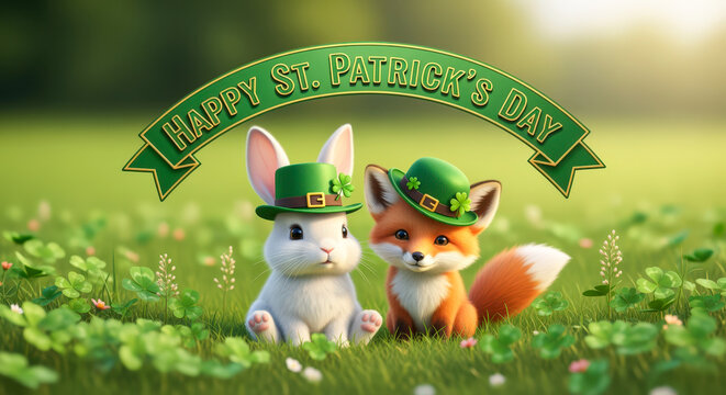 Adorable cartoon rabbit and fox wearing St. Patrick's Day hats in a field of shamrocks.