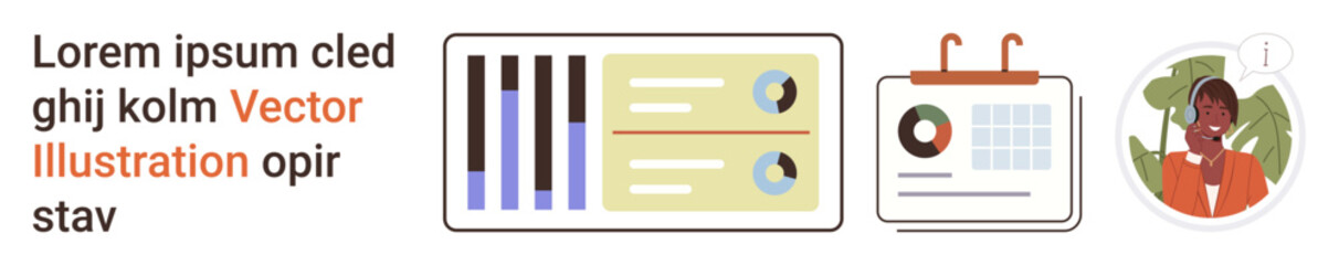 Obraz premium Business planning, data visualization, scheduling, team management, analytics, workplace communication. Bar charts, calendar with pie chart person in professional attire. Business planning and data