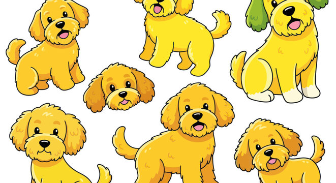 Cute Golden Doodle Puppy Illustrations Set, Cartoon Style