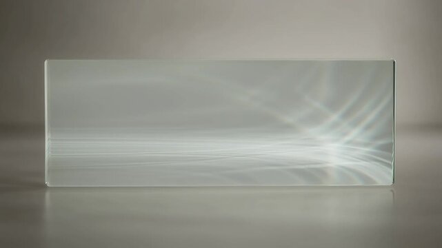 A clear rectangular prism glass block refracting light into abstract patterns on a reflective surface, representing science and optics