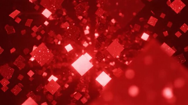 Abstract red glowing cubes with sparkling particles floating in a dark