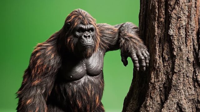 bigfoot emerging from behind tree in deep forest habitat