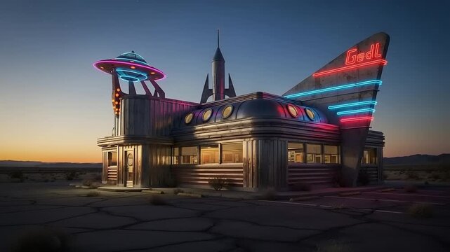 Retro diner with alien spaceship theme and neon lights at dusk.