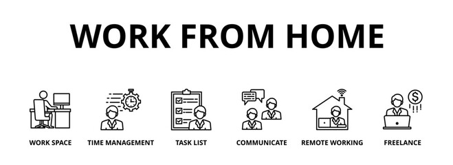 Work from home banner web icon vector illustration concept of wfh with icon of workspace, time management, task list, communicate, remote working and freelance