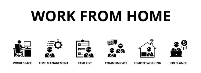 Work from home banner web icon vector illustration concept of wfh with icon of workspace, time management, task list, communicate, remote working and freelance