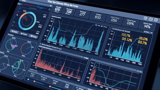 Interactive digital screen with dynamic graphs and numeric data displays