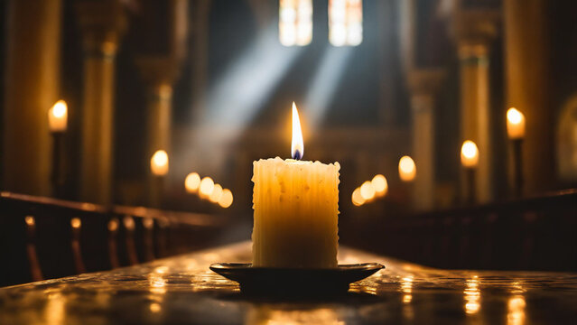Single glowing candle illuminating dark church interior symbolizing hope, resurrection and faith during Holy Saturday Easter Vigil.