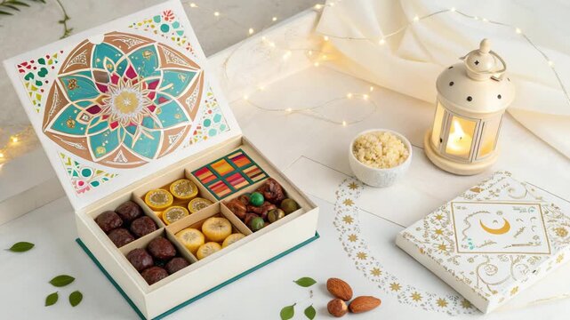 Assorted Chocolates in Decorative Box with Ramadan Lantern and NutsClose Up