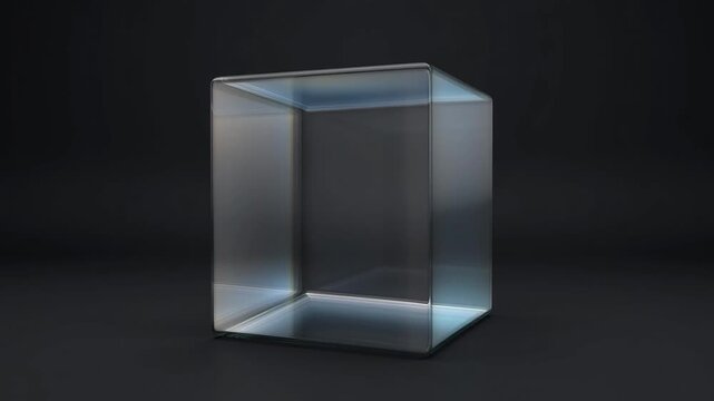 Transparent glass rectangular prism on a dark background, studio lighting, abstract geometric shape