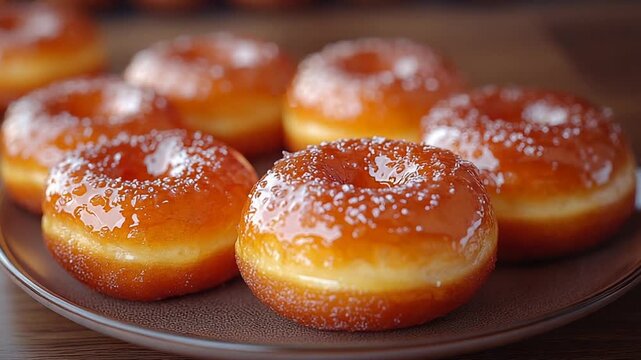 Freshly Glazed Donuts on a Wooden Plate