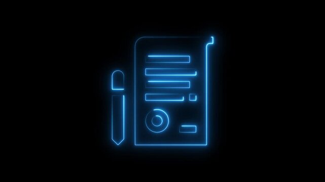 Neon Blue Document and Pencil on Black Background Technology and Writing Concept document pencil black background