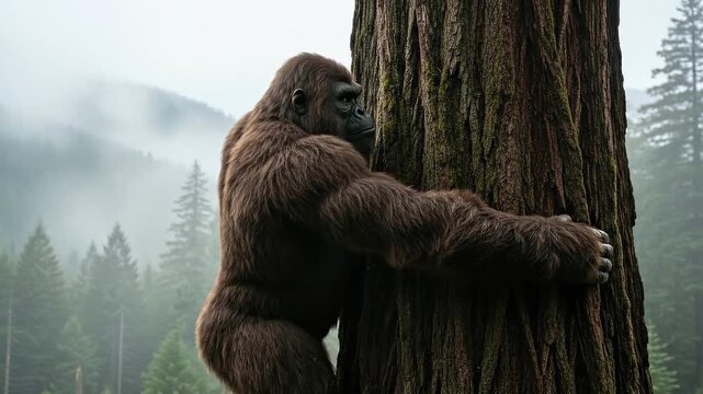 bigfoot large creature holding tree trunk in misty forest