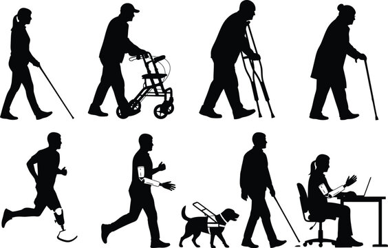 Montage of silhouettes showcasing diverse abilities and mobility aids: walking with canes, crutches, walkers, prosthetic leg, and a guide dog, emphasizing independence.