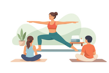 Fototapeta premium Yoga instructor teaching students warrior pose and meditation.