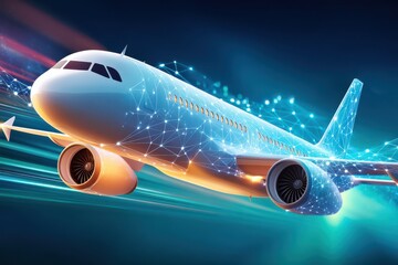 Fototapeta premium Abstract digital rendering of a modern airplane with interconnected network pattern