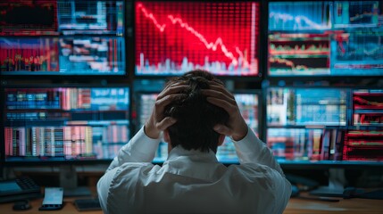 Fototapeta premium Stock Market Meltdown: A trader watches in dismay as the stock market plunges, represented by the ominous red of a downward trend on multiple screens.
