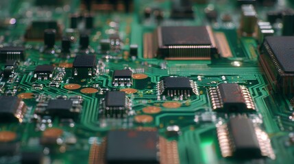 Fototapeta premium Circuit Board: A close-up view of a complex circuit board, showcasing a network of electronic components, chips, and intricate pathways, representing the cutting-edge of modern technology.