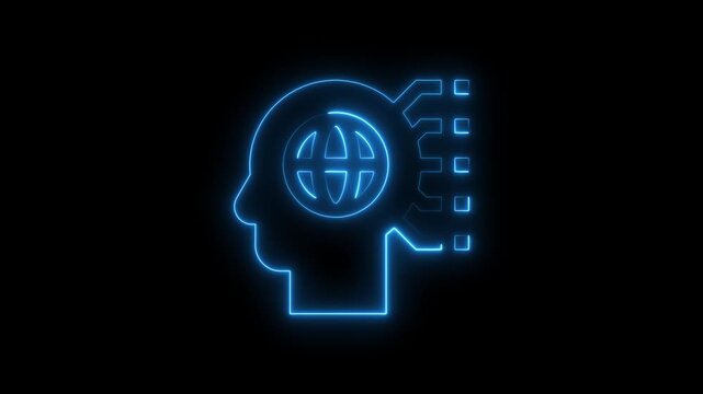 Neon Blue Human Head with Globe and Circuit Board on Black Background technology