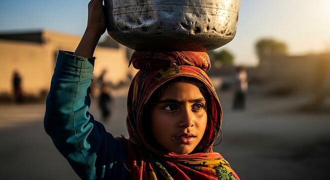 Young Indian girl balancing a large pot on her head in the golden hour sunset, embodying resilience, tradition, and daily life in a rural village.